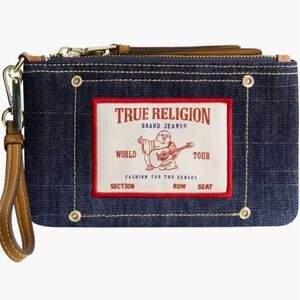 True Religion Blue Denim Wristlet with Brown Accents